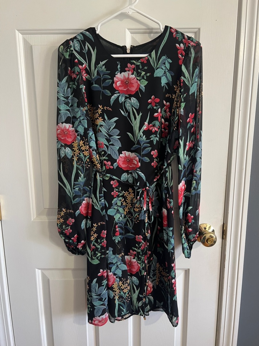 Tommy Hilfiger Black Floral Long-Sleeve Tie-Waist Dress